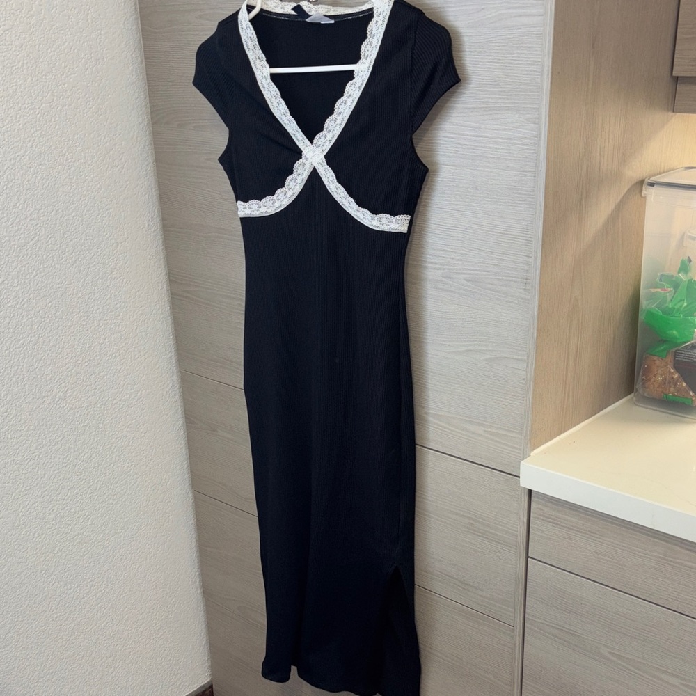 H&M Ribbed Bodycon Black Dress with White Lace Trim